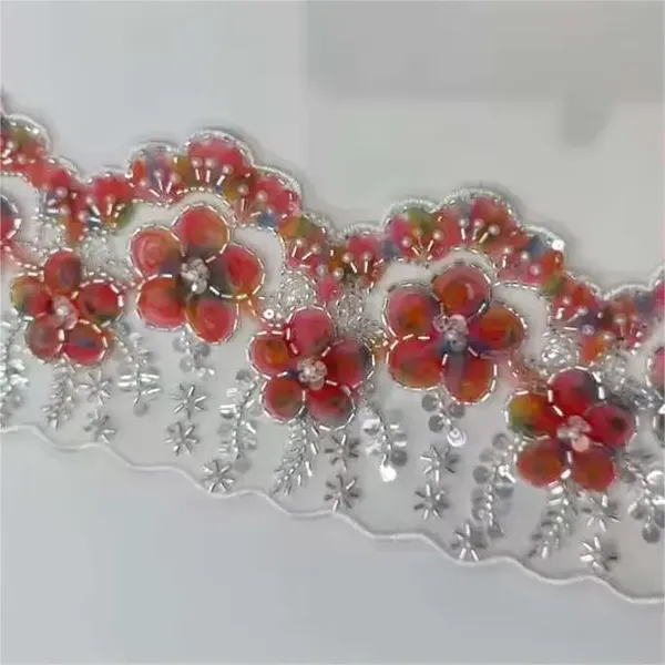 Multicolor Embroidered Lace With 3d Mesh Flowers Ribbon Beaded Tube Barcode Embroidery Lace