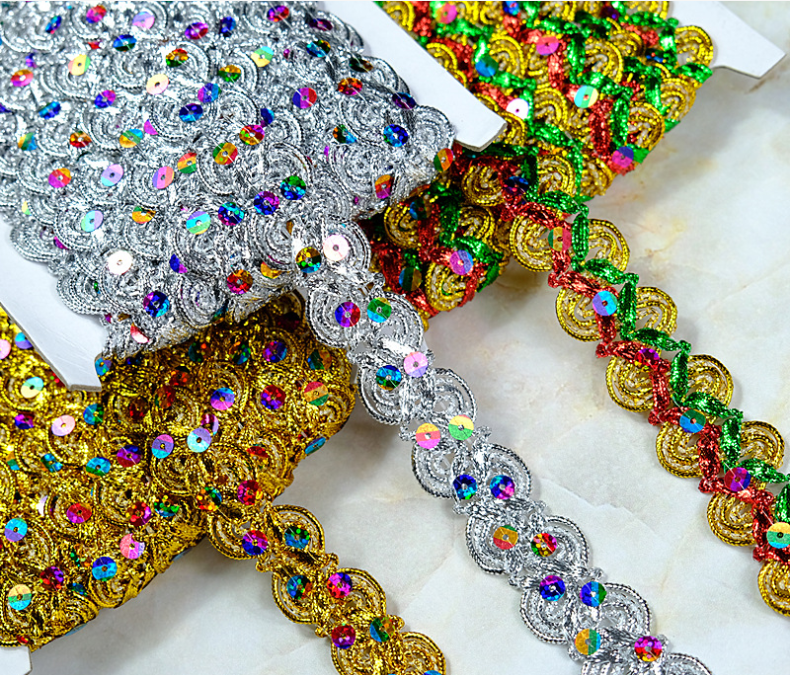 Aksesori Pakaian Emas dan Perak Lace Lace Lace Trim Metallic Gold Sequins Sulaman Tatting Lace Trim