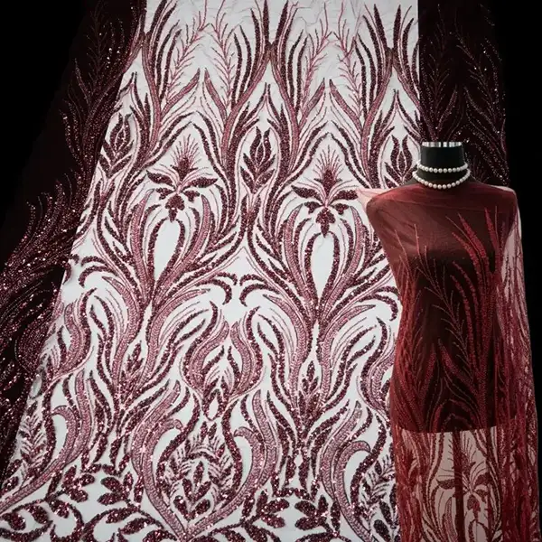 Mewah Mesra Alam Merah Manik Pengantin Bordir Lace Sequin Mesh Tulle Kain Gaun Pengantin Wanita 100% Poliester